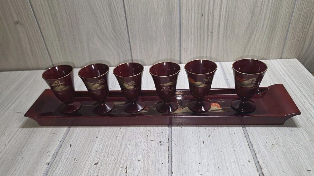 VTG Imaoka Trading Co Japan AIZU Sake Set 6 Cups Tray Deep Red Gold Beach Scene